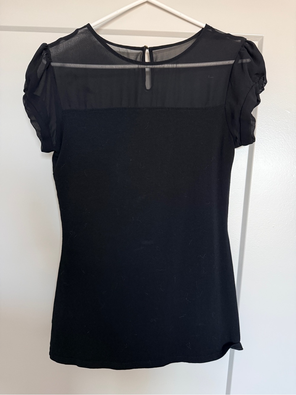 Black Sheer Yoke Short Sleeve Top - Size SP